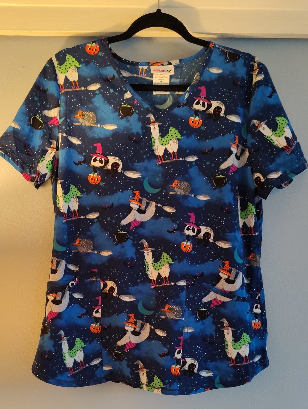Scrubstar Women's Scrub - Blue with Green, Pink & Orange Accents Halloween